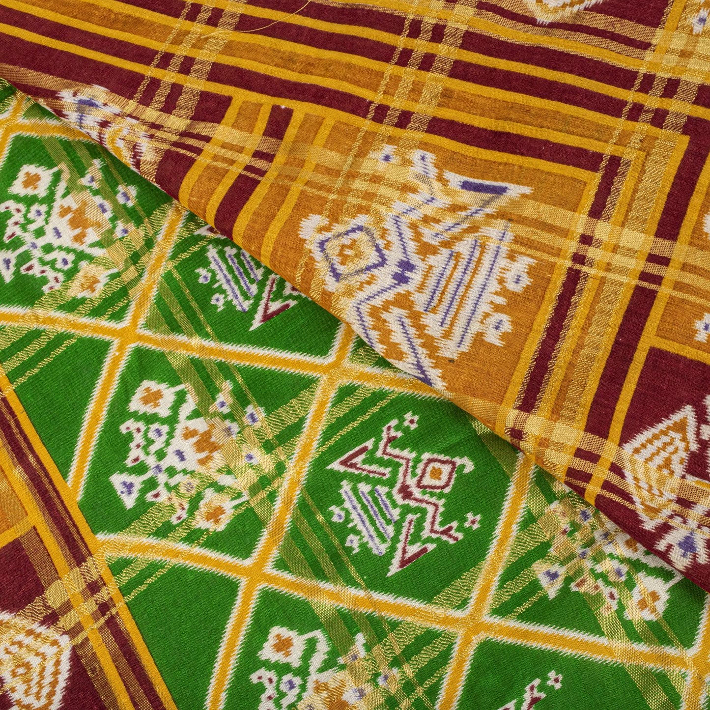 Sanskriti Vintage Saree Green Pure Cotton Patan Patola Ikat Print-Woven 5 YDSari