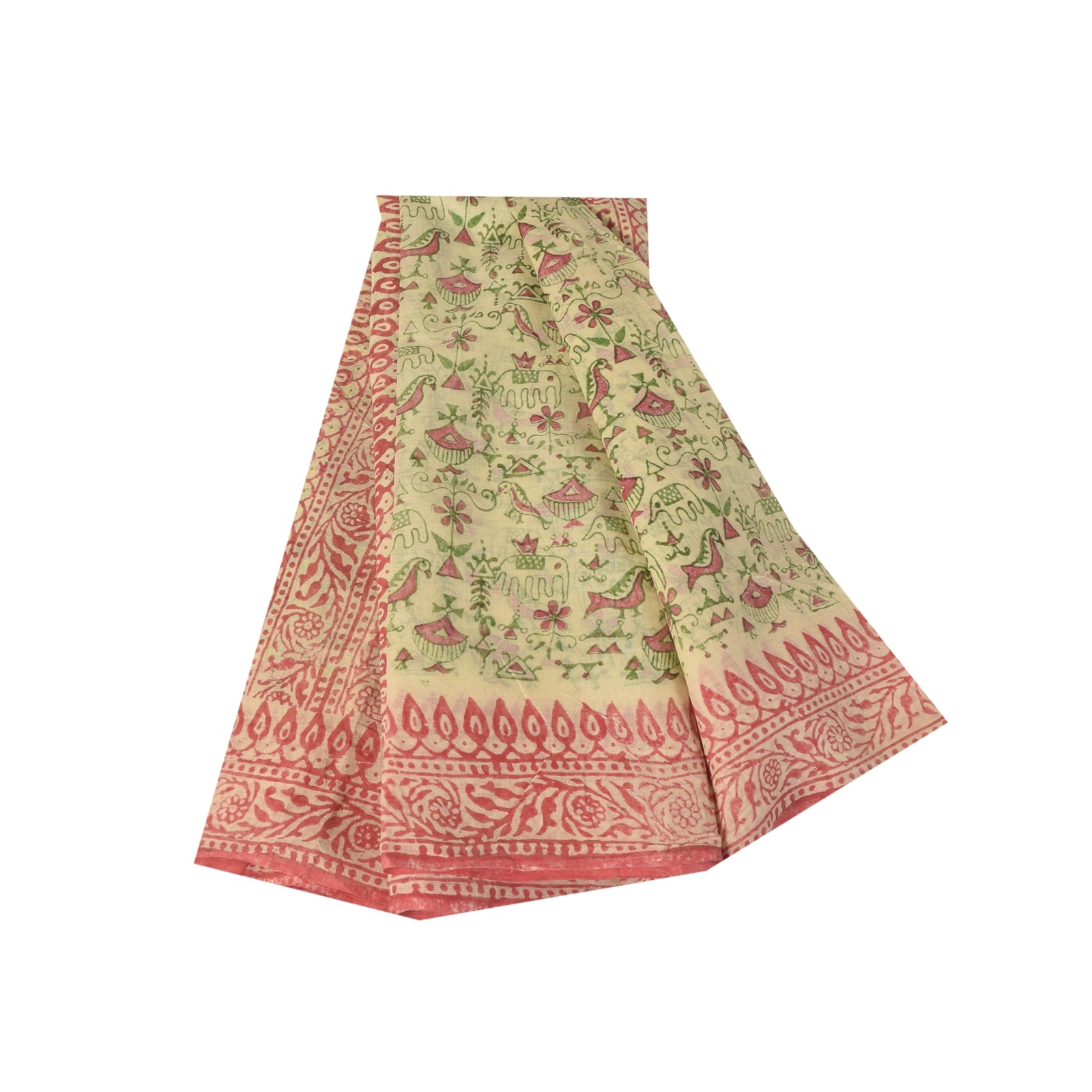 Sanskriti Vintage Sarees Cream Pure Cotton Hand Block Printed Sari 5+yd Fabric