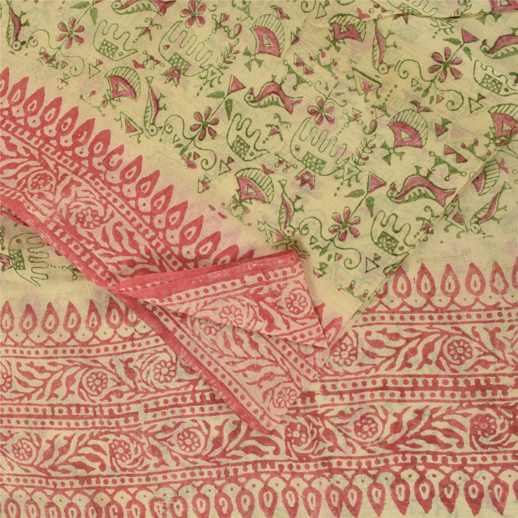 Sanskriti Vintage Sarees Cream Pure Cotton Hand Block Printed Sari 5+yd Fabric