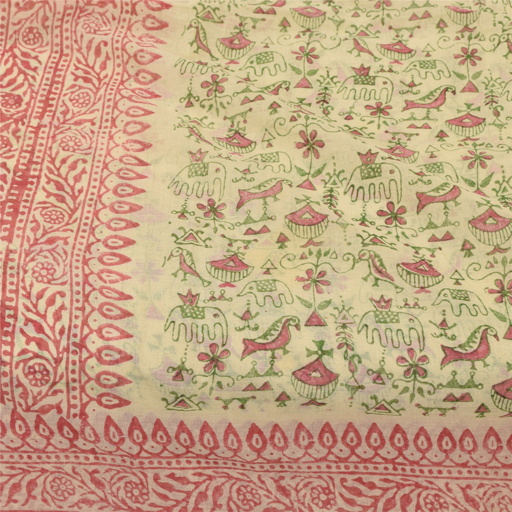 Sanskriti Vintage Sarees Cream Pure Cotton Hand Block Printed Sari 5+yd Fabric