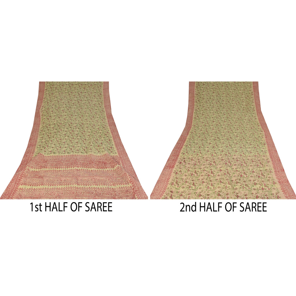 Sanskriti Vintage Sarees Cream Pure Cotton Hand Block Printed Sari 5+yd Fabric