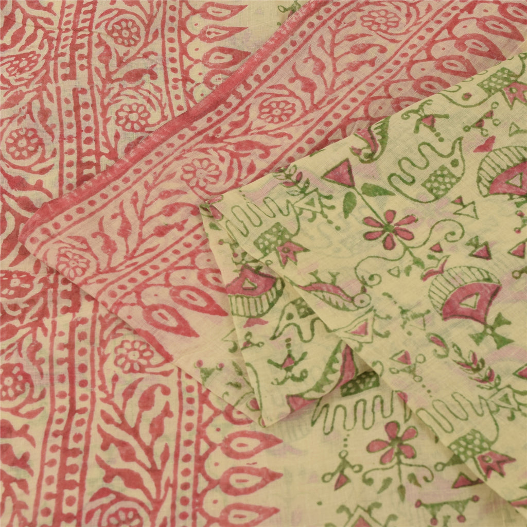 Sanskriti Vintage Sarees Cream Pure Cotton Hand Block Printed Sari 5+yd Fabric