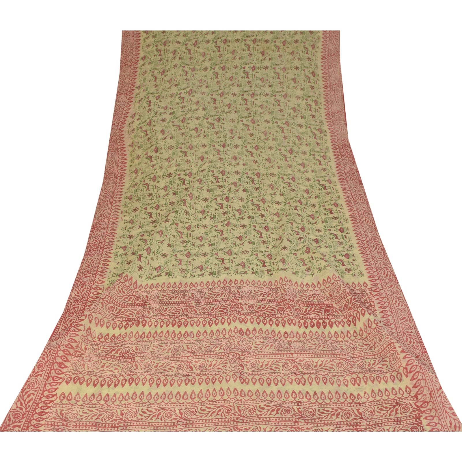 Sanskriti Vintage Sarees Cream Pure Cotton Hand Block Printed Sari 5+yd Fabric