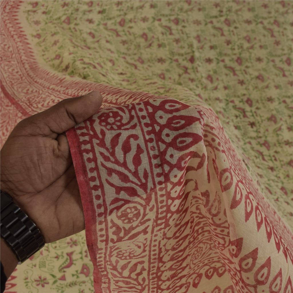 Sanskriti Vintage Sarees Cream Pure Cotton Hand Block Printed Sari 5+yd Fabric