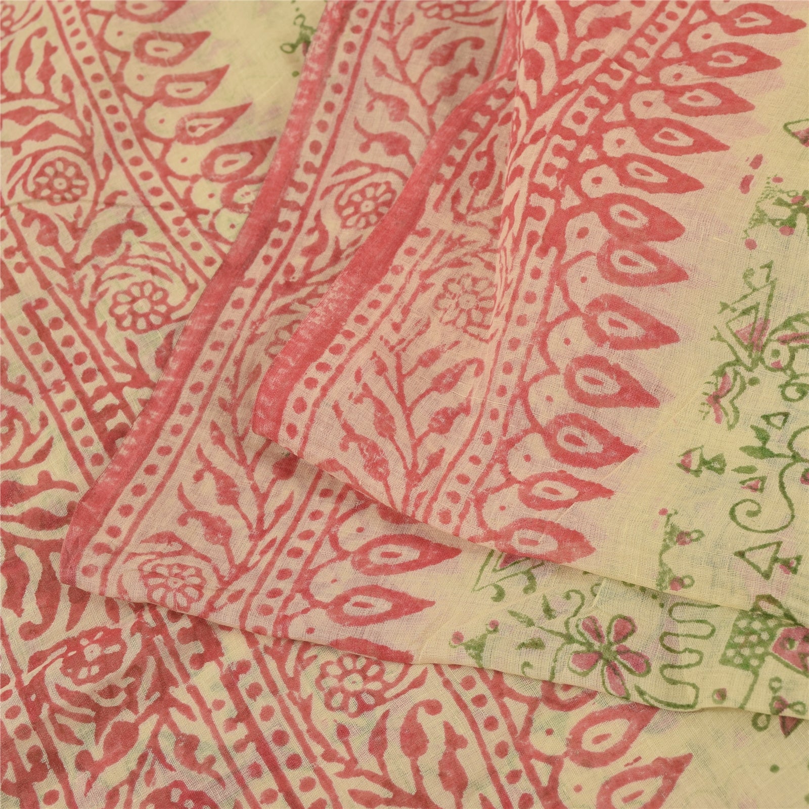 Sanskriti Vintage Sarees Cream Pure Cotton Hand Block Printed Sari 5+yd Fabric