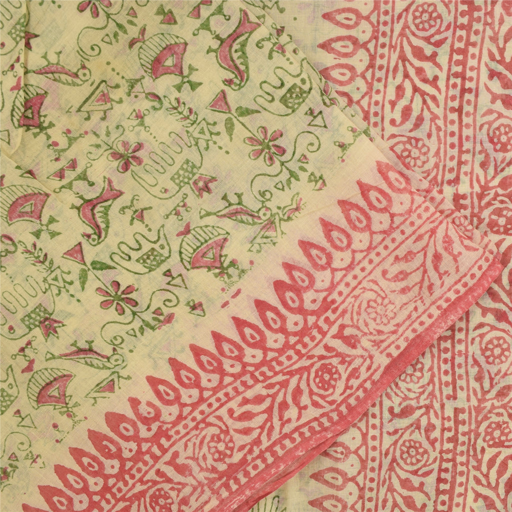 Sanskriti Vintage Sarees Cream Pure Cotton Hand Block Printed Sari 5+yd Fabric