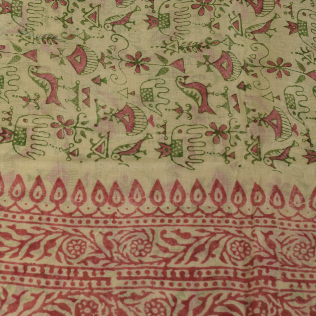 Sanskriti Vintage Sarees Cream Pure Cotton Hand Block Printed Sari 5+yd Fabric