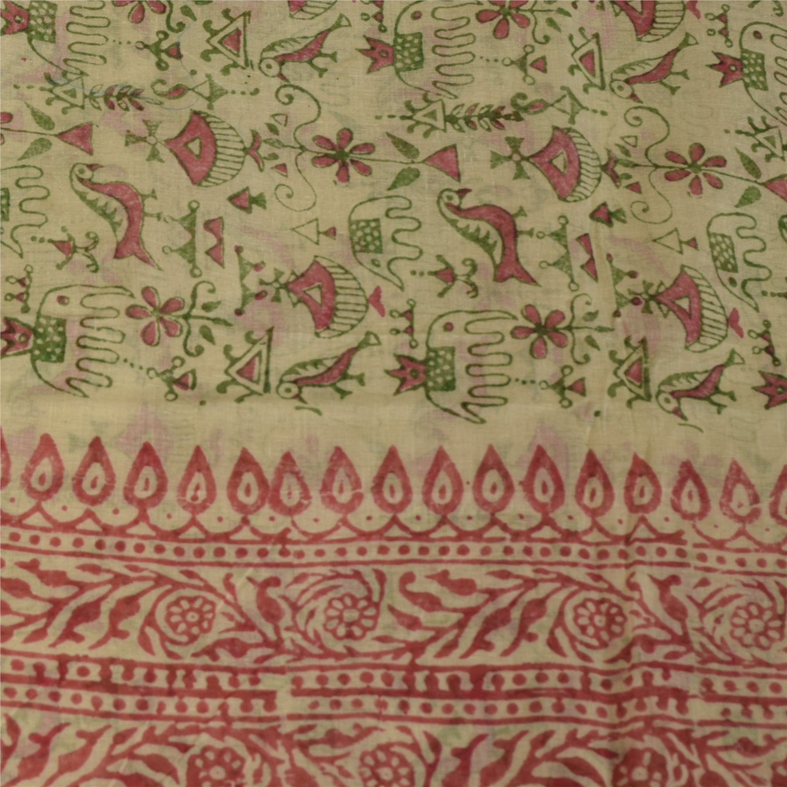 Sanskriti Vintage Sarees Cream Pure Cotton Hand Block Printed Sari 5+yd Fabric