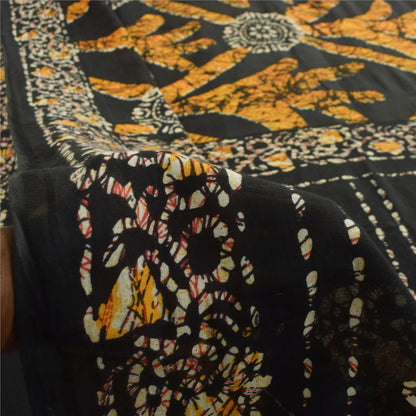 Sanskriti Vintage Sarees Brown Pure Cotton Batik Printed Sari 5+yd Craft Fabric