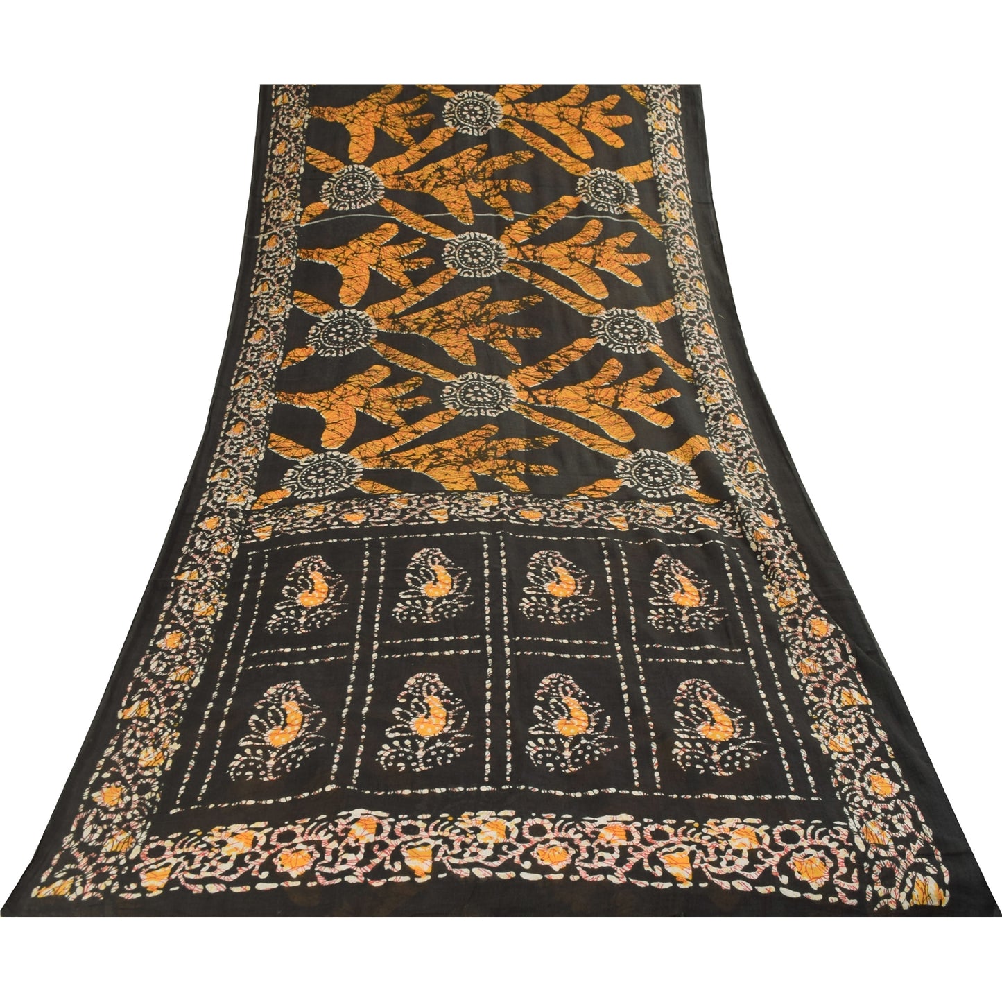 Sanskriti Vintage Sarees Brown Pure Cotton Batik Printed Sari 5+yd Craft Fabric