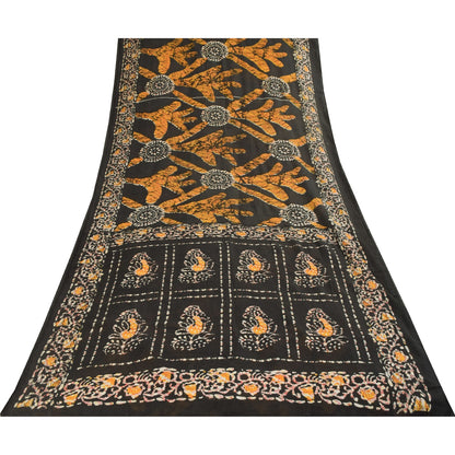 Sanskriti Vintage Sarees Brown Pure Cotton Batik Printed Sari 5+yd Craft Fabric