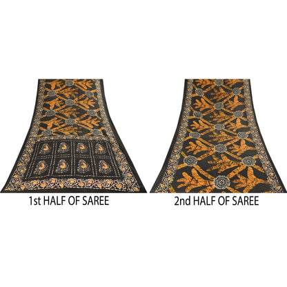 Sanskriti Vintage Sarees Brown Pure Cotton Batik Printed Sari 5+yd Craft Fabric