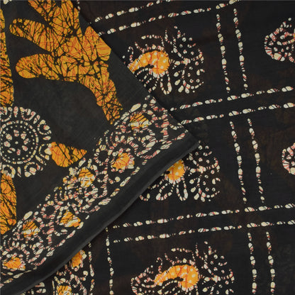 Sanskriti Vintage Sarees Brown Pure Cotton Batik Printed Sari 5+yd Craft Fabric