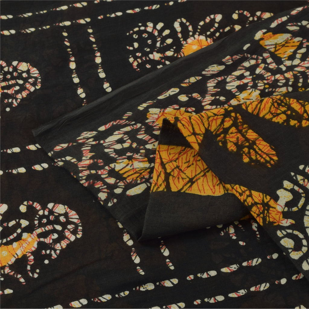 Sanskriti Vintage Sarees Brown Pure Cotton Batik Printed Sari 5+yd Craft Fabric