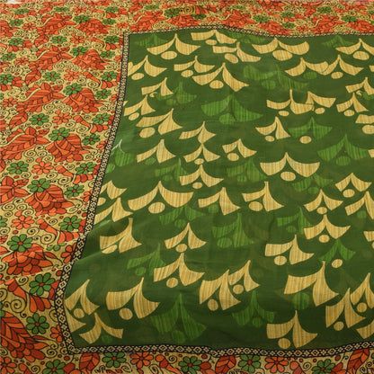 Sanskriti Vintage Sarees Grøn 100% Ren Bomuld Trykt Sari 5+ yard Håndværksstof