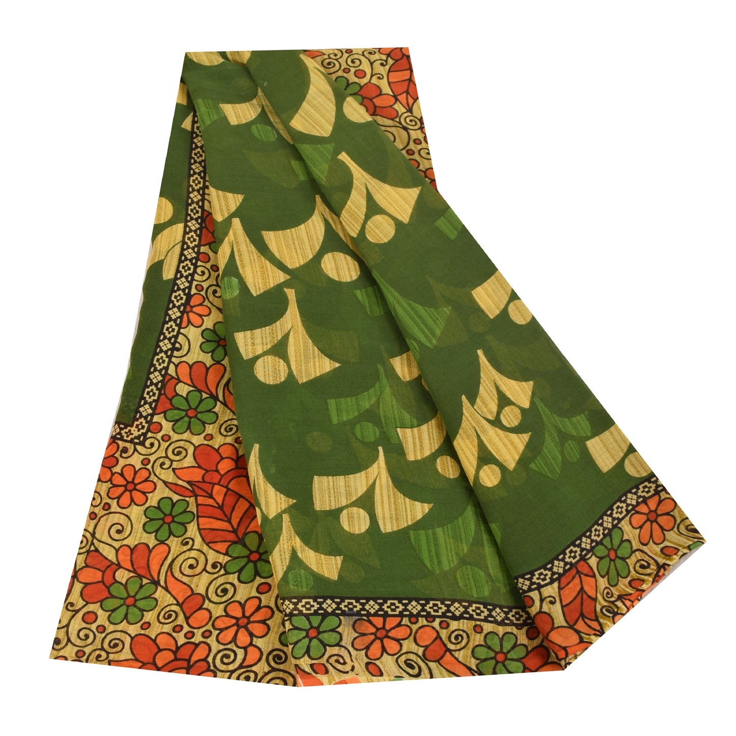 Sanskriti Vintage Sarees Grøn 100% Ren Bomuld Trykt Sari 5+ yard Håndværksstof