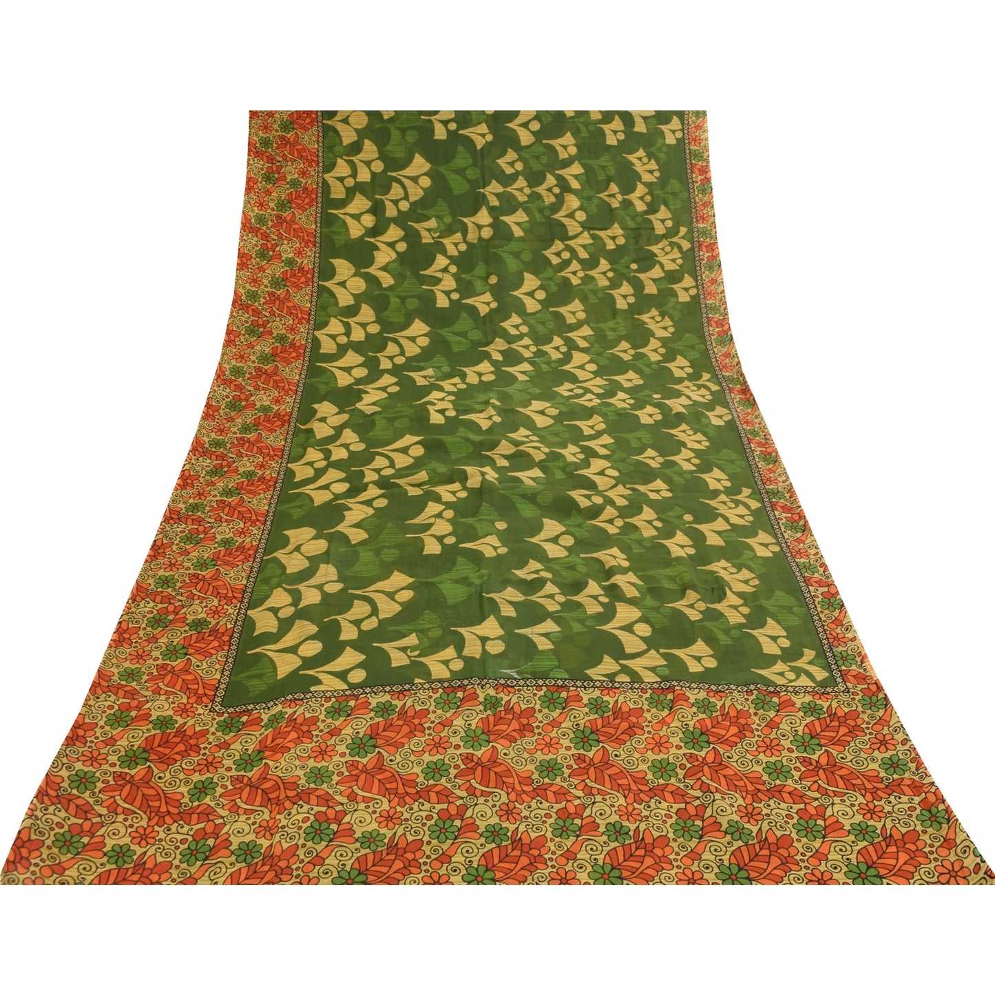 Sanskriti Vintage Sarees Grøn 100% Ren Bomuld Trykt Sari 5+ yard Håndværksstof