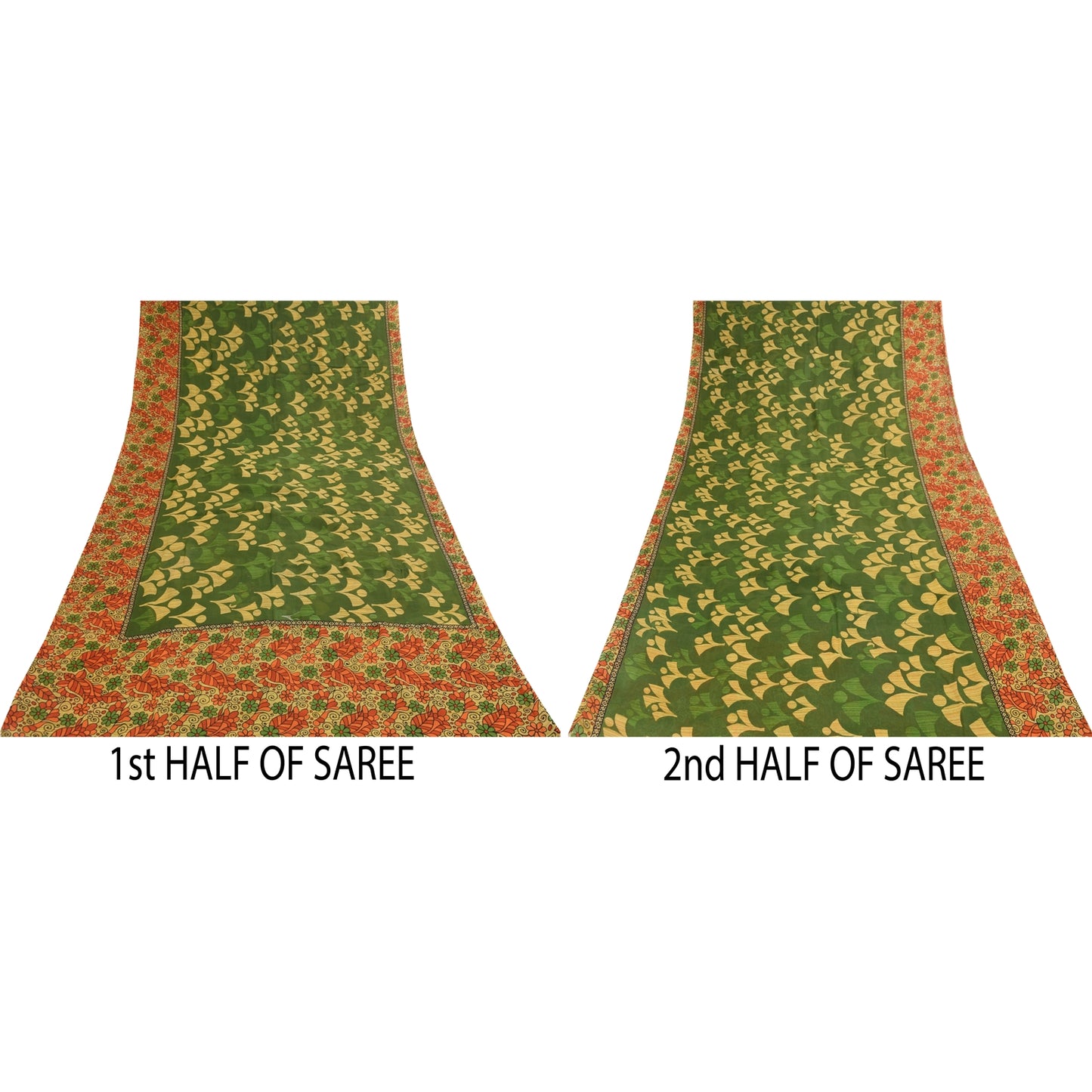 Sanskriti Vintage Sarees Grøn 100% Ren Bomuld Trykt Sari 5+ yard Håndværksstof