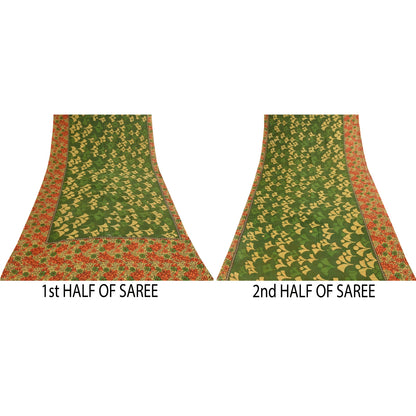 Sanskriti Vintage Sarees Grøn 100% Ren Bomuld Trykt Sari 5+ yard Håndværksstof
