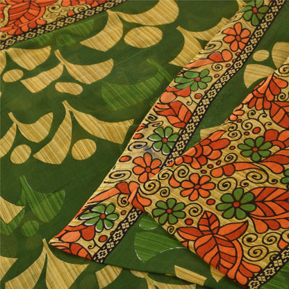 Sanskriti Vintage Sarees Grøn 100% Ren Bomuld Trykt Sari 5+ yard Håndværksstof