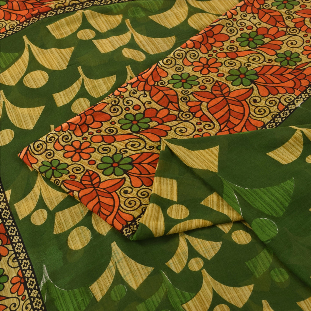 Sanskriti Vintage Sarees Grøn 100% Ren Bomuld Trykt Sari 5+ yard Håndværksstof