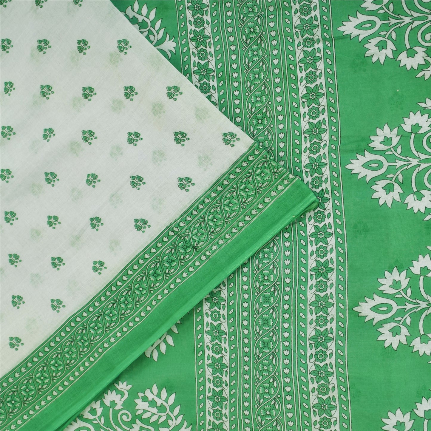 Sanskriti Vintage Sarees White & Green Pure Cotton Print Sari 5+yd Craft Fabric