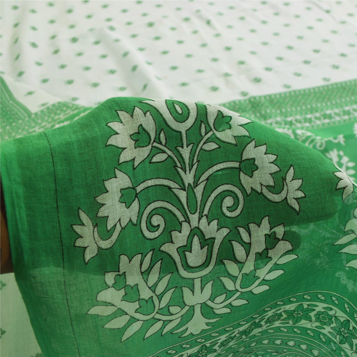 Sanskriti Vintage Sarees White & Green Pure Cotton Print Sari 5+yd Craft Fabric