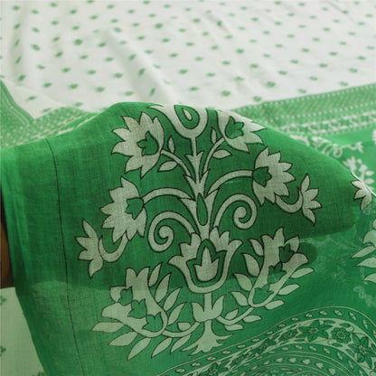 Sanskriti Vintage Sarees White & Green Pure Cotton Print Sari 5+yd Craft Fabric