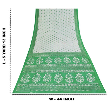 Sanskriti Vintage Sarees White & Green Pure Cotton Print Sari 5+yd Craft Fabric