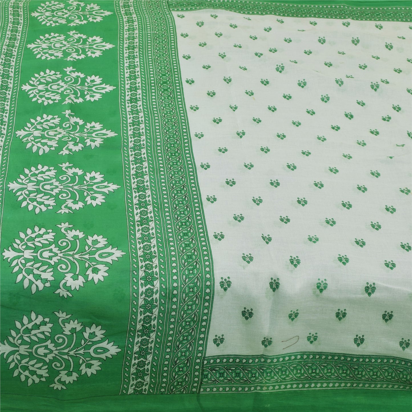 Sanskriti Vintage Sarees White & Green Pure Cotton Print Sari 5+yd Craft Fabric
