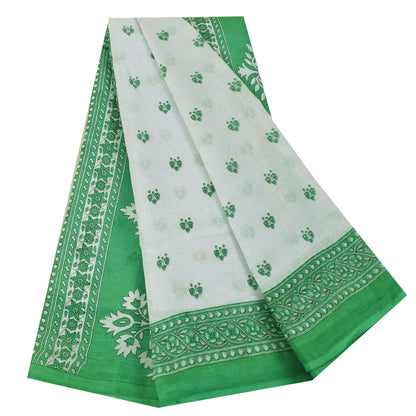 Sanskriti Vintage Sarees White & Green Pure Cotton Print Sari 5+yd Craft Fabric