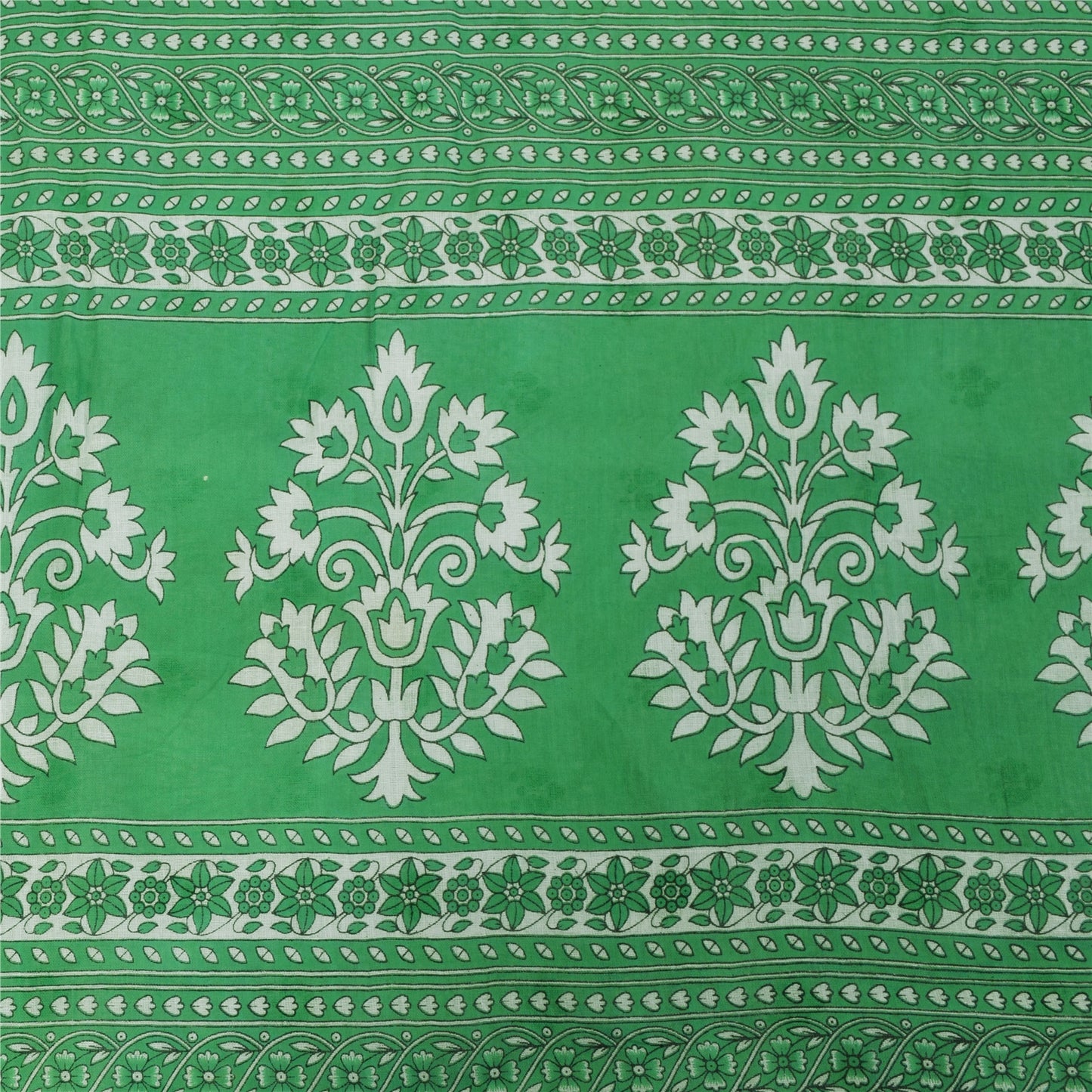 Sanskriti Vintage Sarees White & Green Pure Cotton Print Sari 5+yd Craft Fabric