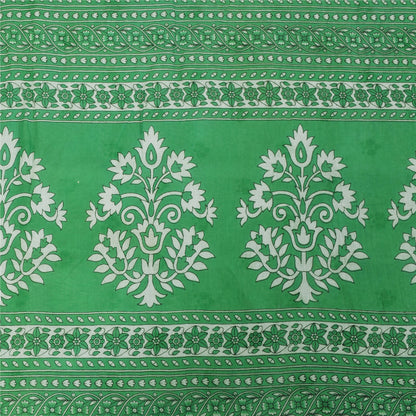 Sanskriti Vintage Sarees White & Green Pure Cotton Print Sari 5+yd Craft Fabric