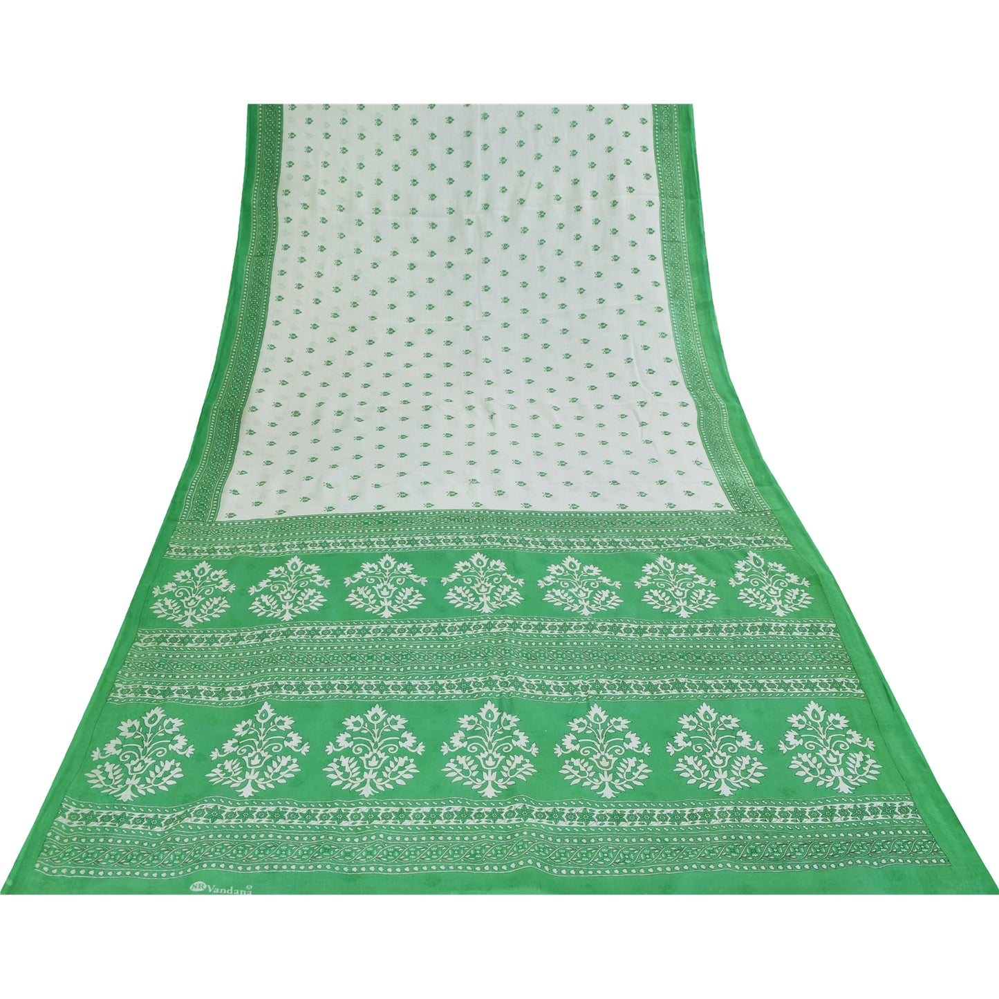 Sanskriti Vintage Sarees White & Green Pure Cotton Print Sari 5+yd Craft Fabric