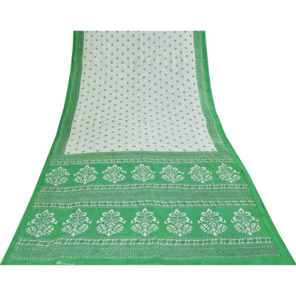 Sanskriti Vintage Sarees White & Green Pure Cotton Print Sari 5+yd Craft Fabric