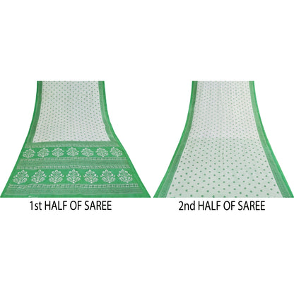 Sanskriti Vintage Sarees White & Green Pure Cotton Print Sari 5+yd Craft Fabric