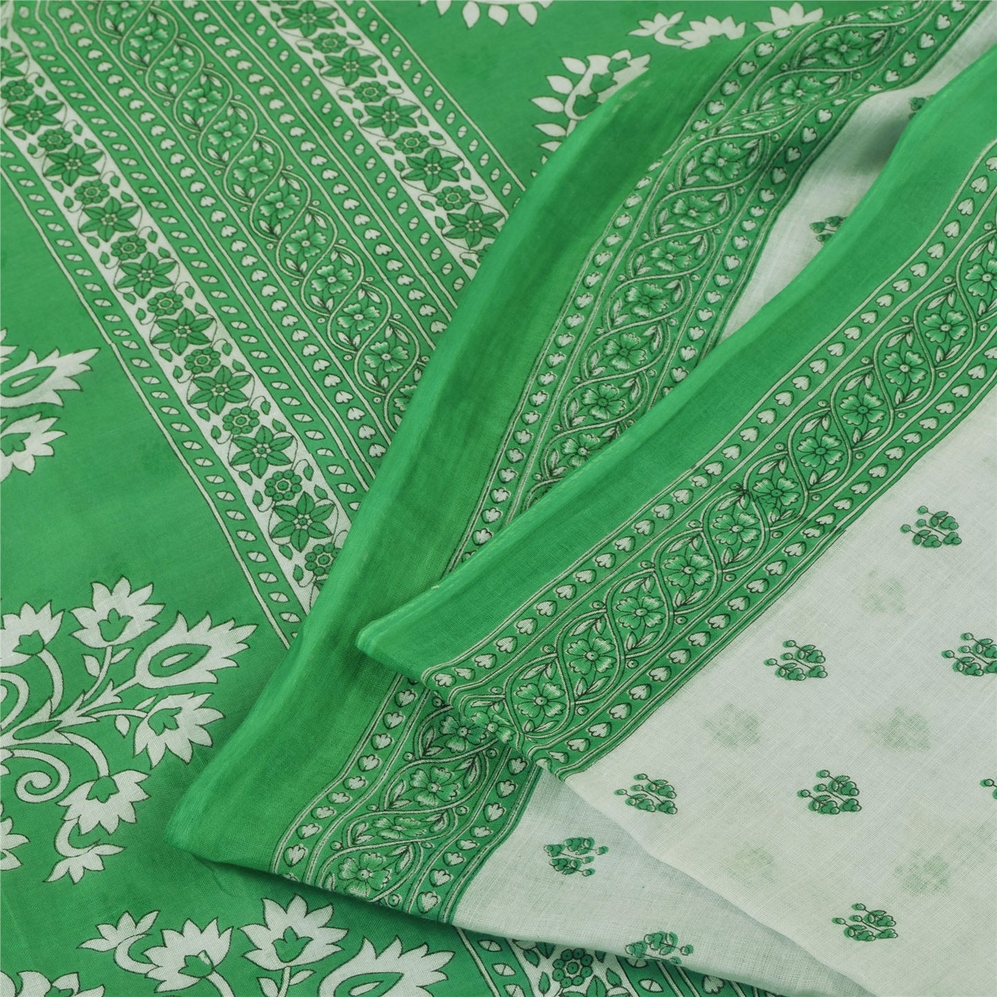 Sanskriti Vintage Sarees White & Green Pure Cotton Print Sari 5+yd Craft Fabric