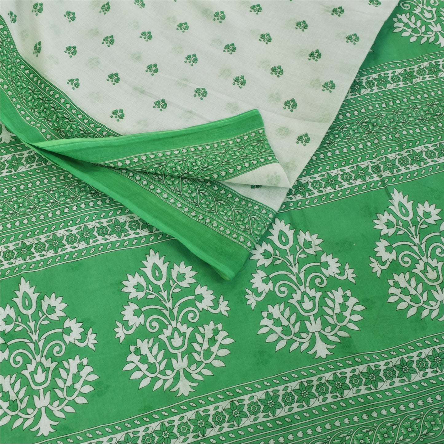 Sanskriti Vintage Sarees White & Green Pure Cotton Print Sari 5+yd Craft Fabric