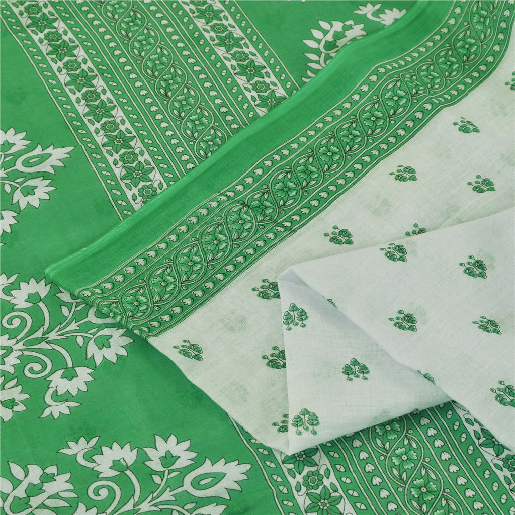 Sanskriti Vintage Sarees White & Green Pure Cotton Print Sari 5+yd Craft Fabric