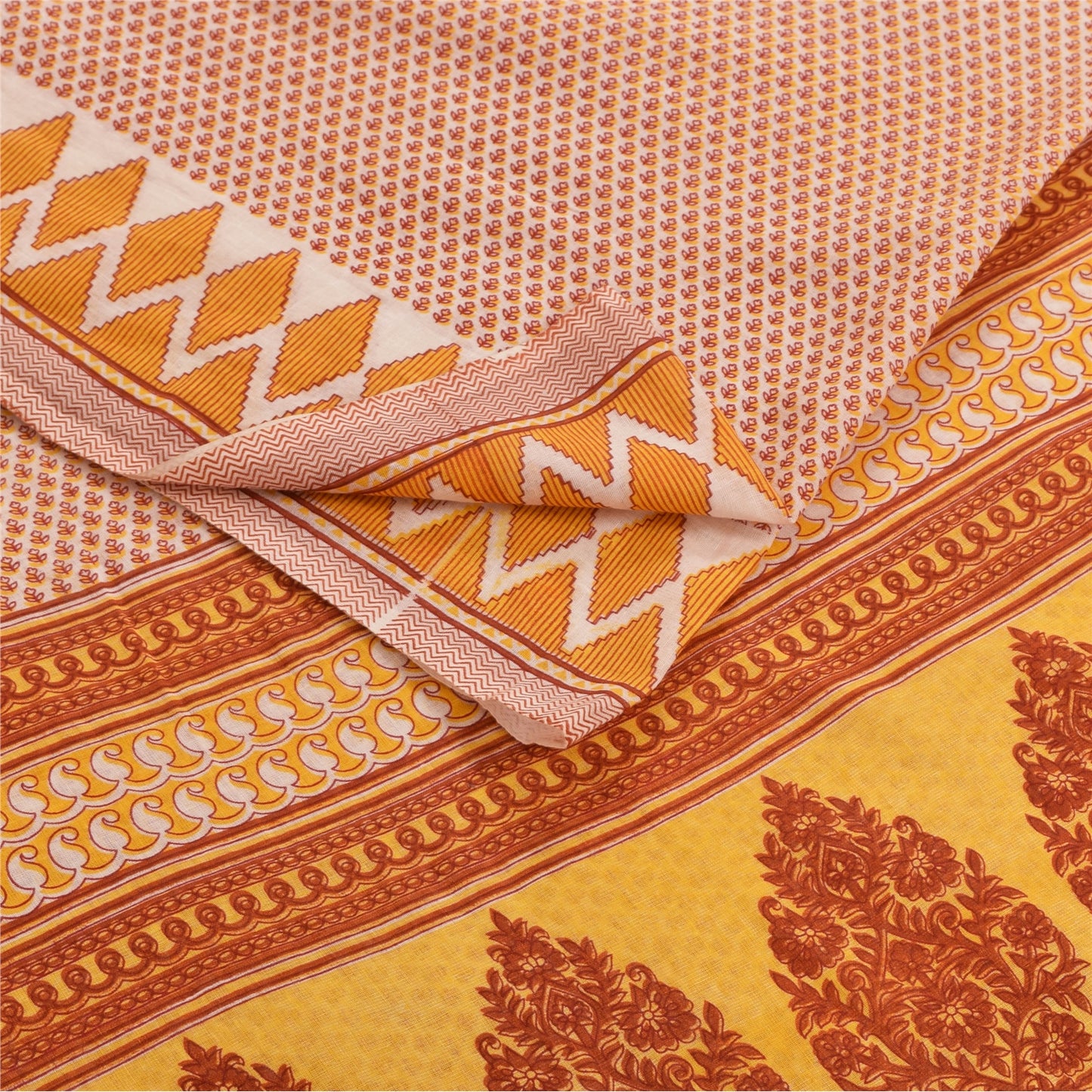 Sanskriti Vintage Sarees Ivory Pure Cotton Floral Printed Sari 5+yd Craft Fabric