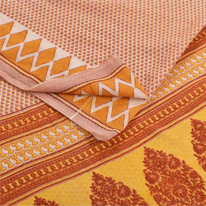 Sanskriti Vintage Sarees Ivory Pure Cotton Floral Printed Sari 5+yd Craft Fabric