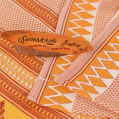 Sanskriti Vintage Sarees Ivory Pure Cotton Floral Printed Sari 5+yd Craft Fabric