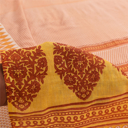 Sanskriti Vintage Sarees Ivory Pure Cotton Floral Printed Sari 5+yd Craft Fabric