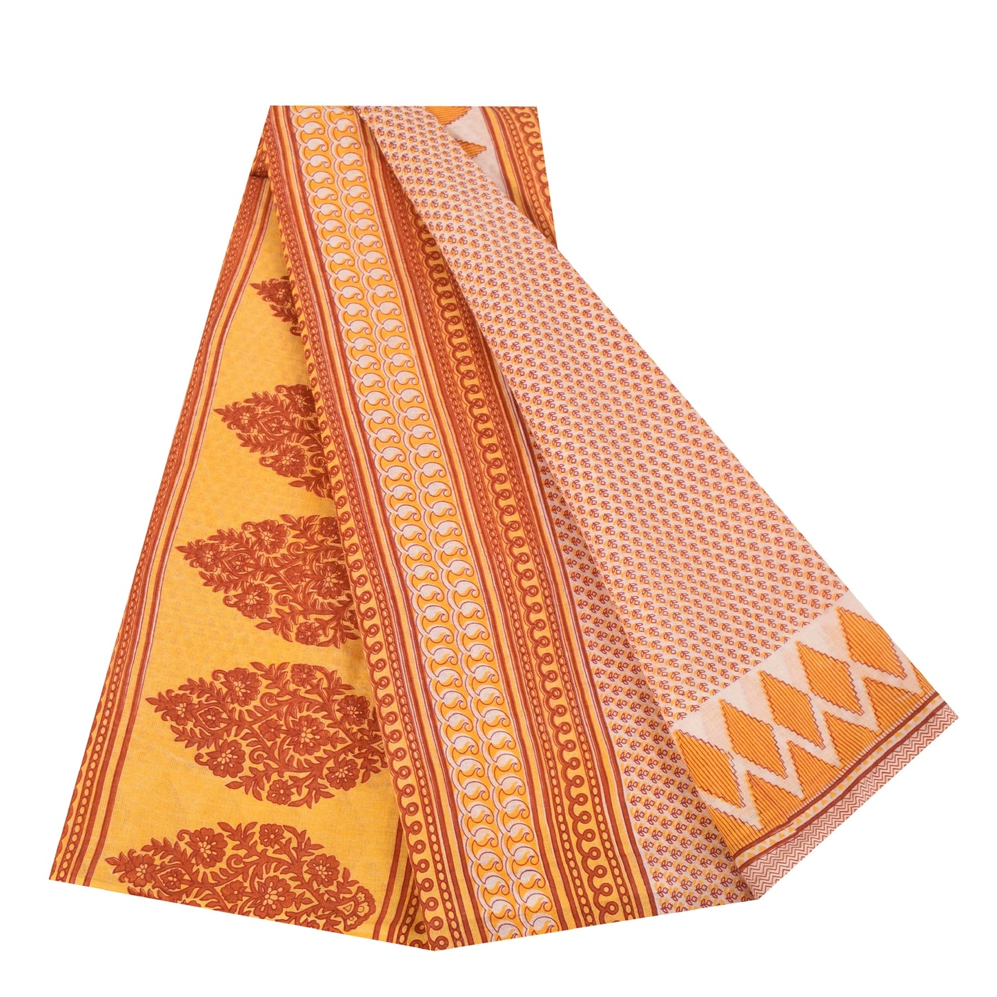 Sanskriti Vintage Sarees Ivory Pure Cotton Floral Printed Sari 5+yd Craft Fabric