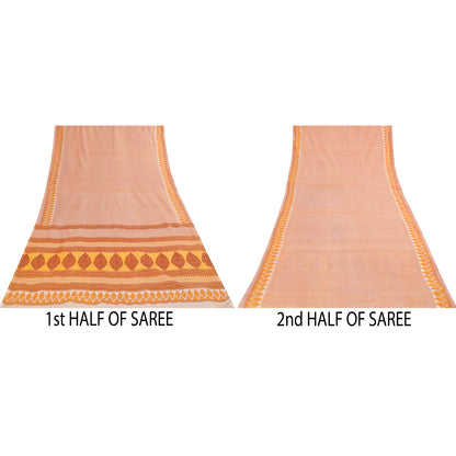 Sanskriti Vintage Sarees Ivory Pure Cotton Floral Printed Sari 5+yd Craft Fabric