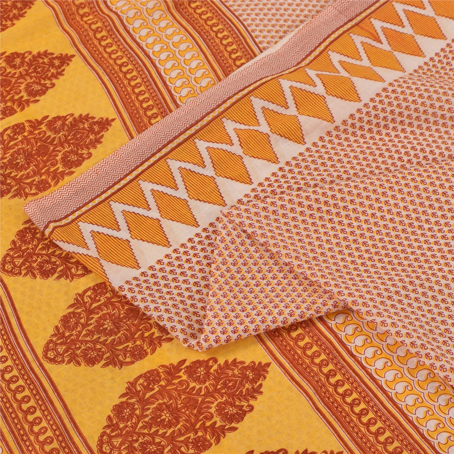 Sanskriti Vintage Sarees Ivory Pure Cotton Floral Printed Sari 5+yd Craft Fabric