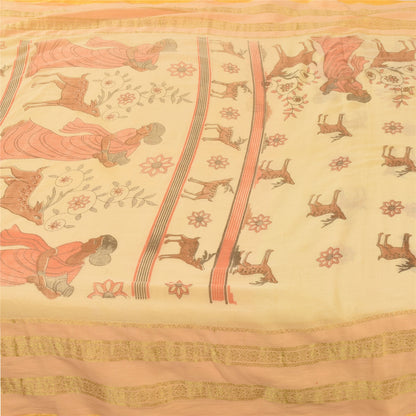 Sanskriti Vintage Sarees Peach Women Deer Pure Cotton Printed Sari 5+yd Fabric
