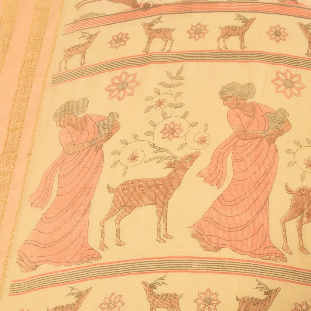 Sanskriti Vintage Sarees Peach Women Deer Pure Cotton Printed Sari 5+yd Fabric