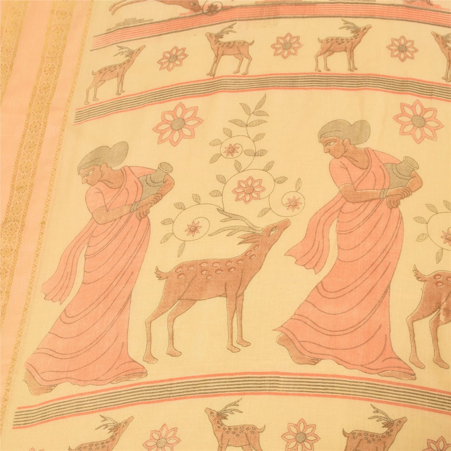Sanskriti Vintage Sarees Peach Women Deer Pure Cotton Printed Sari 5+yd Fabric