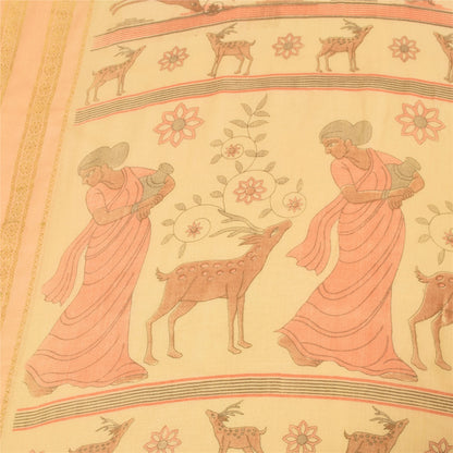 Sanskriti Vintage Sarees Peach Women Deer Pure Cotton Printed Sari 5+yd Fabric